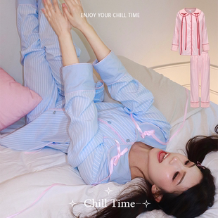 可愛蝴蝶結家居服睡衣 長褲 ChillTime原創(chuàng)甜心春夏薄款 娃娃領長袖