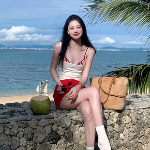 泳衣女高級(jí)感復(fù)古紅格子少女分體比基尼性感辣妹小胸純欲裙式 泳裝