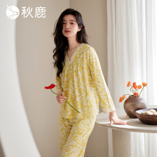 家居服套裝 秋鹿V領顯瘦蕾絲花邊純棉睡衣女春夏法式 復古印花長袖