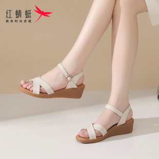 夏季 2025新款 夏天真皮軟牛皮媽媽 女款 紅蜻蜓女士厚底平底坡跟涼鞋