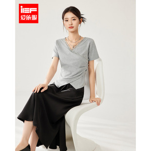 性感小女人氣質V領修身 IEF 法式 新款 百搭T恤 愛依服上衣2025夏季