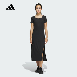 adidas阿迪達斯涼感側開叉短袖 方領長裙2025夏女過膝連衣裙JN0708