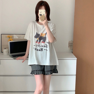 夏季 卡通可愛狗狗純棉短袖 女款 睡衣套裝 寬松花邊家居服兩件套 短褲