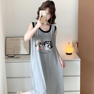 睡裙圓點(diǎn)家居服夏薄款 蕾絲花邊卡通狗莫代爾無袖 可外穿 帶胸墊