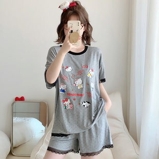 卡通圓點家居服 套裝 KT貓蕾絲花邊帶胸墊睡衣女夏薄莫代爾短袖 短褲