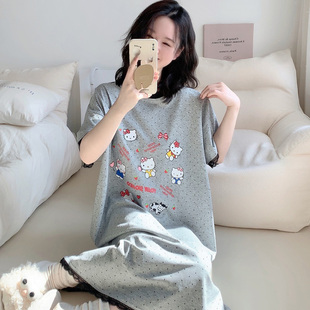 KT貓蕾絲花邊短袖 家居服女夏 睡裙卡通可愛圓點(diǎn)可外穿裙子圓領(lǐng)薄款