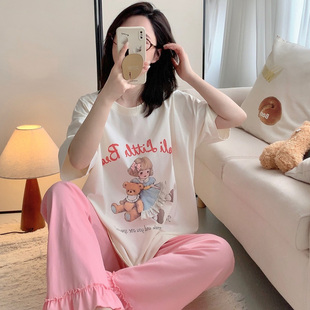 可外穿甜美花邊可愛家居服套裝 漫畫女孩睡衣夏季 新款 長褲 純棉短袖