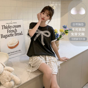 套裝 短袖 莫代爾花邊網紅風甜美蝴蝶結家居服 薄款 帶胸墊睡衣女夏季