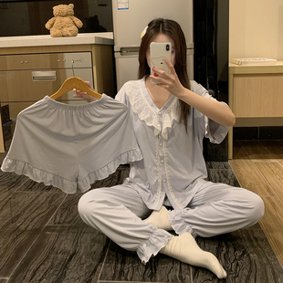 三件套甜美蕾絲花邊可外穿家居服 長褲 帶胸墊睡衣女夏季 高級感短袖