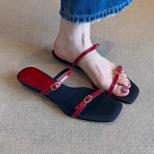 百搭平底涼鞋 女方頭露趾夏季 極簡復(fù)古紅色氣質(zhì)一字帶拖鞋 羊皮版