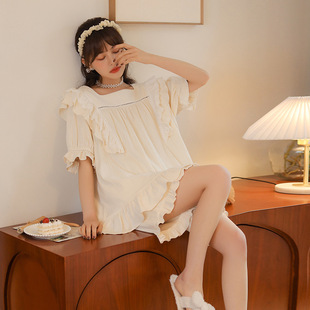 宮廷風(fēng)甜美少女可外穿薄款 棉質(zhì)套裝 休閑家居服 短褲 睡衣女夏短袖