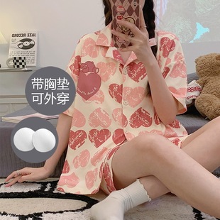 全棉休閑可外穿家居服套裝 純棉睡衣女士夏季 胸墊大碼 短褲 短袖