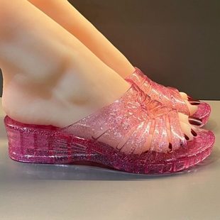 洗澡透明厚底涼拖鞋 家用傷女款 老式 腳公主浴室防滑不平底水晶涼鞋