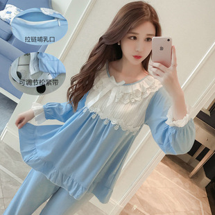 月子服夏季 產(chǎn)後產(chǎn)婦冰絲哺乳孕婦睡衣女春秋天懷孕期哺乳專用 薄款