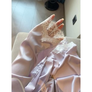 高級寬松長褲 冰絲睡衣女春秋款 家居服兩件 簡約蕾絲花邊k長袖 法式