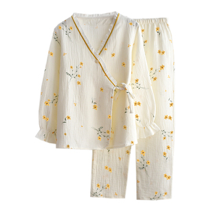 紐M扣蕾絲花邊汗蒸家居服 長袖 日式 和服睡衣女水洗紗布春秋夏季