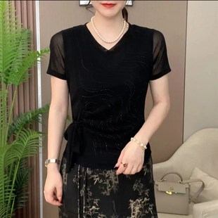 設計感純色燙鉆V領小衫 秋季 氣質百x搭顯瘦系繩款 彈力網紗長袖 新款