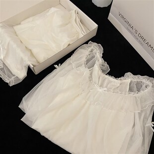 高級感甜美宮廷軟紗公主風睡衣女款 純欲蕾絲花邊家居服套 春F秋季