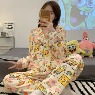 套裝 寬松開衫 卡通海綿寶寶秋冬可愛派Z大星家居 長袖 睡衣女春秋款