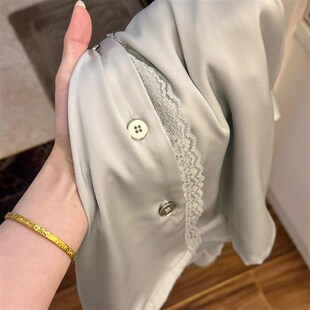 少女宮廷風高級感拼接蕾絲花邊z冰絲睡衣女春秋款 可外穿家居服套