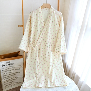 系帶浴袍 和服式 睡袍女夏薄款 純棉雙層紗布全棉縐布清新休閑中長款