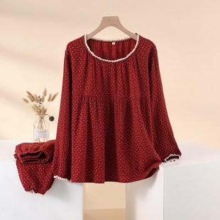 本命年夏季 紅色小碎花蕾絲花邊睡t衣女春秋紗薄款 家居服套裝
