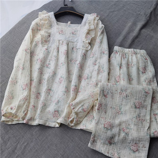 浪漫女睡衣家居服長n袖 田園 套頭方領(lǐng)全棉紗布甜美花邊春夏秋薄款