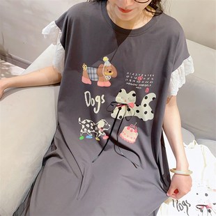 寬松休閑睡衣女蕾絲花邊過膝睡裙 薄款 可愛小貓咪無袖 i睡裙夏季