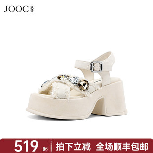 牛仔布露趾外穿百搭高跟鞋 JOOC玖詩防水臺粗跟涼鞋 女2025春夏新款
