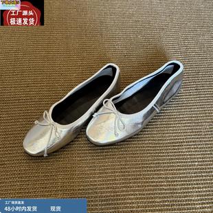 百搭一腳蹬溫柔淺口單鞋 羊皮版 女平底鞋 蝴蝶結(jié)圓頭芭蕾舞鞋 法式