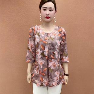 碎花I氣質顯瘦百搭上衣大碼 時尚 媽媽裝 T恤小衫 新款 夏季 中老年女裝