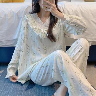 公主花邊碎花綿綢家居服公主風兩件套裝 V領棉綢睡衣女春秋季 長袖