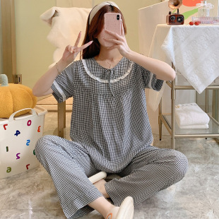 長(zhǎng)褲 綿綢套裝 棉綢睡衣女夏季 空調(diào)服家居服日系格子加大碼 薄款 短袖