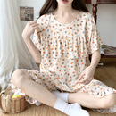 綿綢套裝 人造棉家居服日系花卉防凸點大碼 棉綢睡衣女春夏新款 短袖