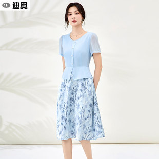 印花拼接氣質(zhì)淑女風(fēng)大擺裙短袖 連衣裙女時(shí)尚 中長(zhǎng)裙 新款 迪奧25夏季