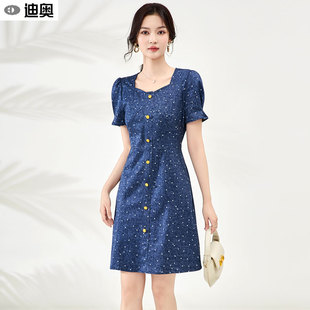 連衣裙女輕奢設計感印花牛仔裙氣質中長A字裙 短袖 迪奧25夏季 新款