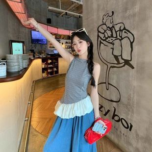 無袖 外穿設計感修身 辣妹上衣 小吊帶背心女夏季 黑色格子荷葉邊泰式