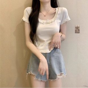 顯瘦正肩短款 蕾絲花邊短袖 甜美小個子修身 新款 上衣 T恤女2025夏季