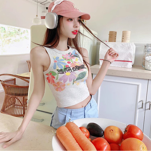 顯瘦短款 外穿內搭設計感小眾修身 上衣 背心女夏季 甜辣涂鴉印花無袖