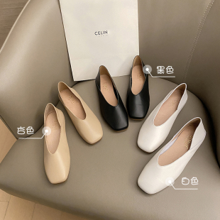 夏真皮軟仙女懶人奶奶鞋 2025新款 一腳蹬平底單鞋 女鞋 女淺口 豆豆鞋