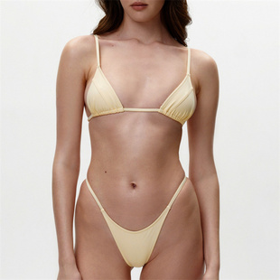 分體女士泳衣bikini 三點式 新款 比基尼性感小胸聚攏純色打底丁字褲