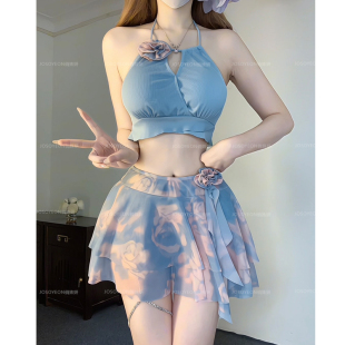 泳衣女士可愛甜美少女純欲風小胸聚攏遮肚顯瘦分體裙式 三件套溫泉