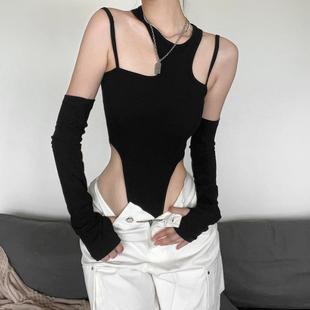 春季 顯瘦t恤連體衣 歐美甜辣風辣妹設計感小眾鏤空百搭上衣女修身