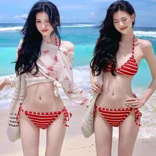 紅色條紋顯白性感比基尼長袖 防嗮度假分體泳衣女顯瘦遮肉 蝴蝶罩衫