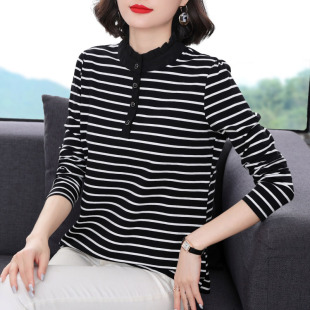 t恤女 上衣打底衫 條紋襯衫 立領秋衣中老年媽媽裝 2025新款 純棉長袖