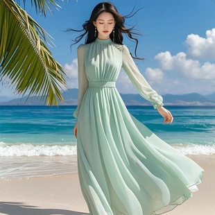 淺綠色連衣裙女夏2025新款 氣質(zhì)收腰海邊度假長(zhǎng)裙沙灘裙大擺裙 長(zhǎng)袖