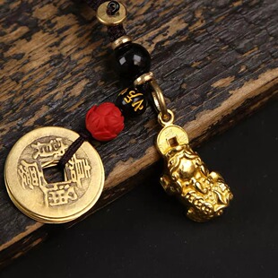 純黃銅復古法手工匠作舊典藏藝術金色貔貅車鑰匙扣掛件國潮五帝錢