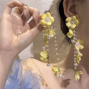 度假風粉霧花朵耳釘女仙流蘇氛圍感耳環小眾設計設計感耳飾