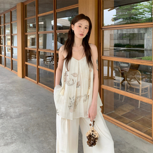 U氣質杏色上衣小衫 TCCW新中式 Best 新款 復古印花吊帶背心女夏季