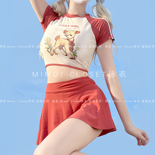 游泳衣女款 Mimoi 純欲少女裙式 可愛小羊咩分體紅色短袖 Closet新款